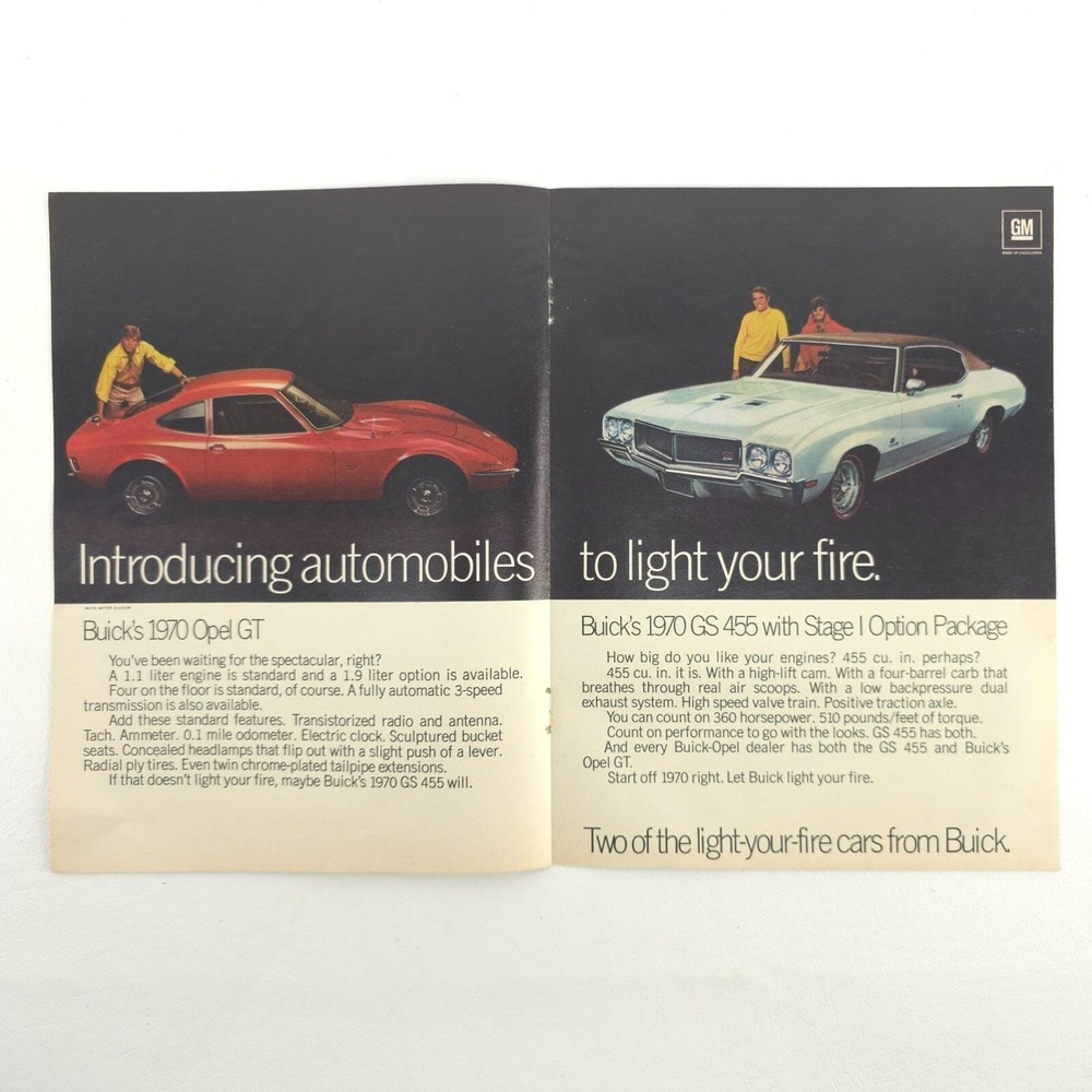 VTG Buick GS 455 & Opel GT Advertising Print Ad 1970 Stage 1 Muscle Car Promo